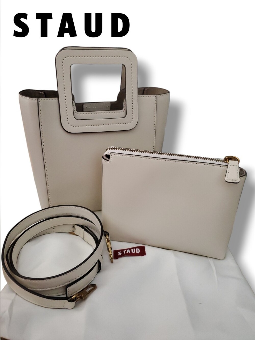 STAUD Mini Shirley Cream Leather Tote Purse with Removable Pouch